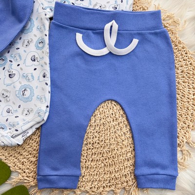 Conj. Body Manga Longa, Calça e Babador Bandana Bichinhos - Azul Bic